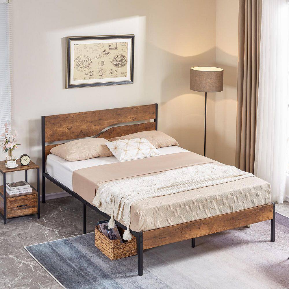 Full Metal Platform Bed Frame with Wooden Headboard，Platform Bed with Metal Frame Under Bed Storage，56.6"W，Brown - thumbnail 7