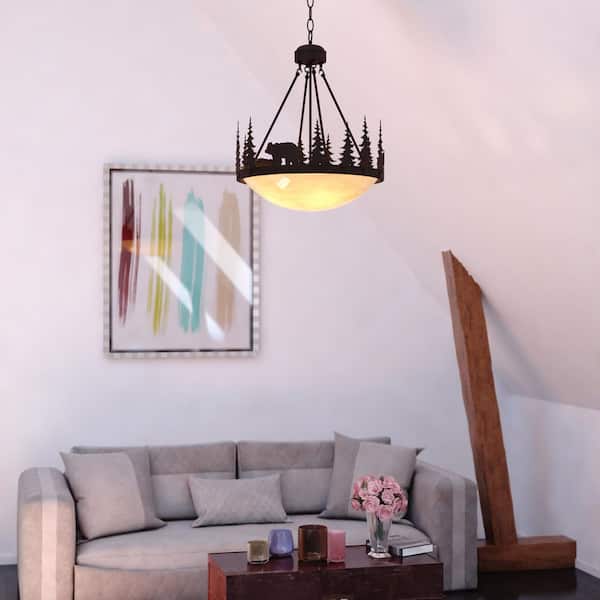 Bozeman 4-Light 24 in. Wide Burnished Bronze Rustic Bear Bowl Pendant Light with Amber Flake Glass Shade