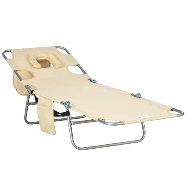 Sudzendf Beige Folding Beach Lounge Chair with Face Hole and Arm Slots, 5-level Adjustable Lounger Tanning Chair with Pillow