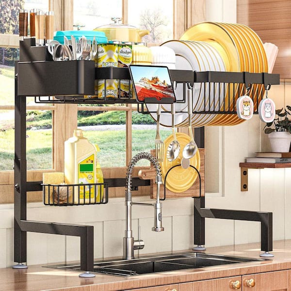 Black Snap-On 2 Tier Over The Sink Expandable Dish Rack Adjustable Height Length Removable Baskets Large Size