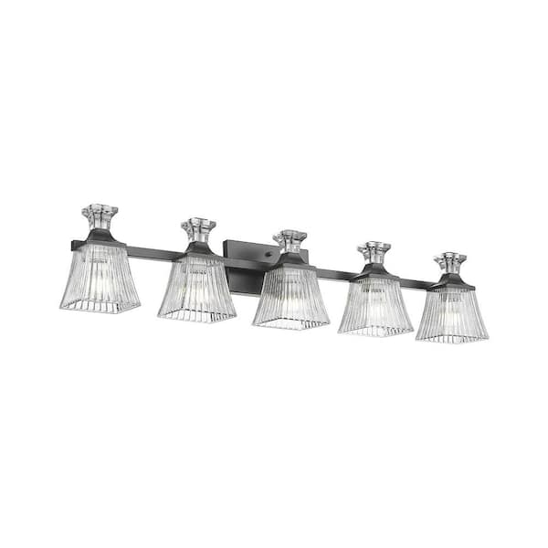 JAZAVA 37.8 in. 5-Light Black Vanity Light with Clear Shade for Bathroom Living Room