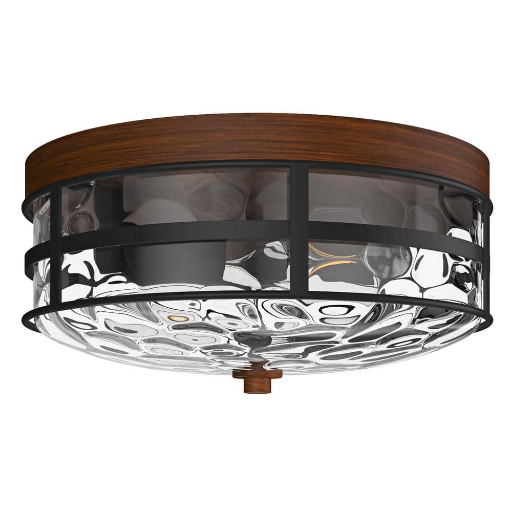 12 in. 2-Light Farmhouse Black Flush Mount Ceiling Light with Water Ripple 