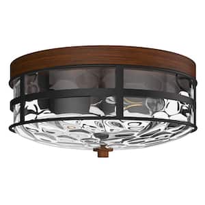 12 in. 2-Light Farmhouse Black Flush Mount Ceiling Light with Water Ripple Glass Shade