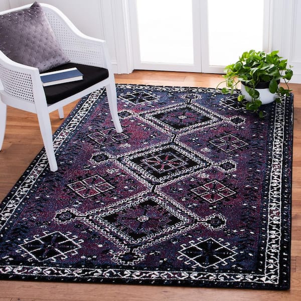 Vintage Hamadan Purple/Black 5 ft. x 8 ft. Border Geometric Area Rug