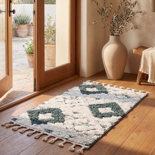 Moroccan Tassel Shag 2 ft. x 4 ft. Green/Ivory Tribal Area Rug