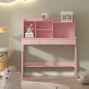 Modern Classic 2-Piece Wood Top Round Edge Pink Height Adjustable Kids Desk and Chair Set with Storage Shelves