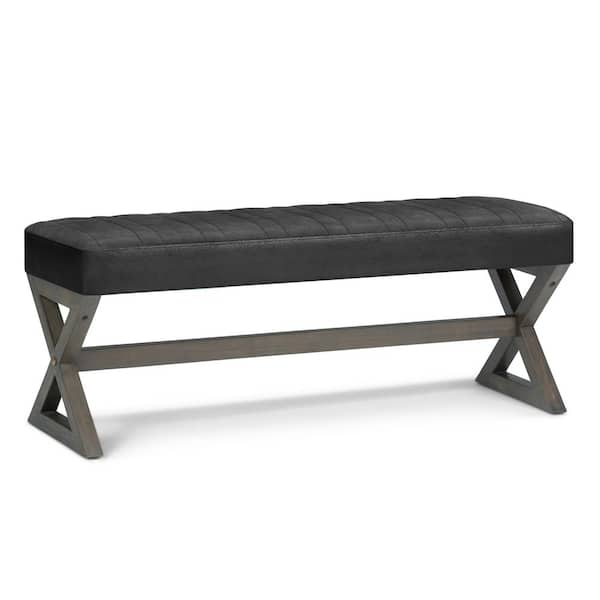 Simpli Home Salinger 48 in. Wide Contemporary Modern Rectangle Ottoman Bench in Distressed Black Vegan Faux Leather, Assembled