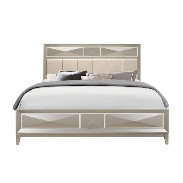 HomeRoots Charlie Champagne Queen Panel Bed with Headboard Mirror Accents