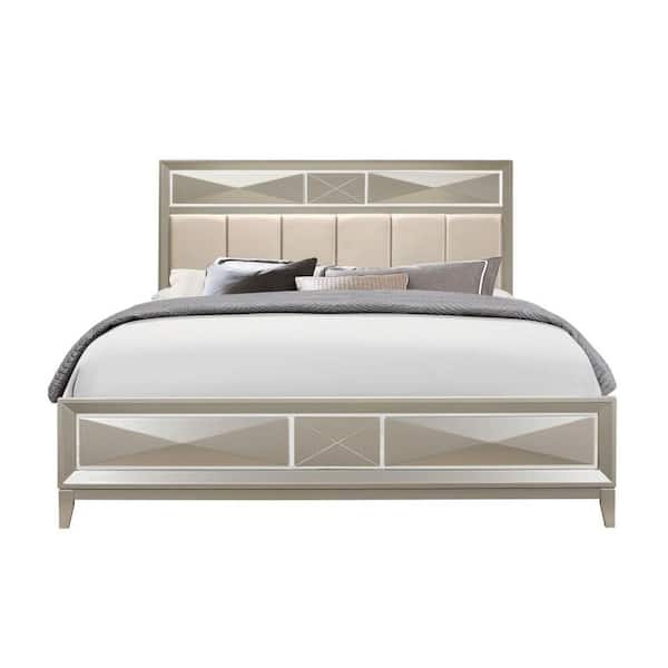 Homeroots Charlie Champagne King Panel, King Bed Frame With Mirror Headboard