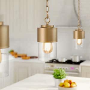 Modern Cylinder Pendant Light, Loe 1-Light Gold Kitchen Island Pendant Light with Clear Glass Shade