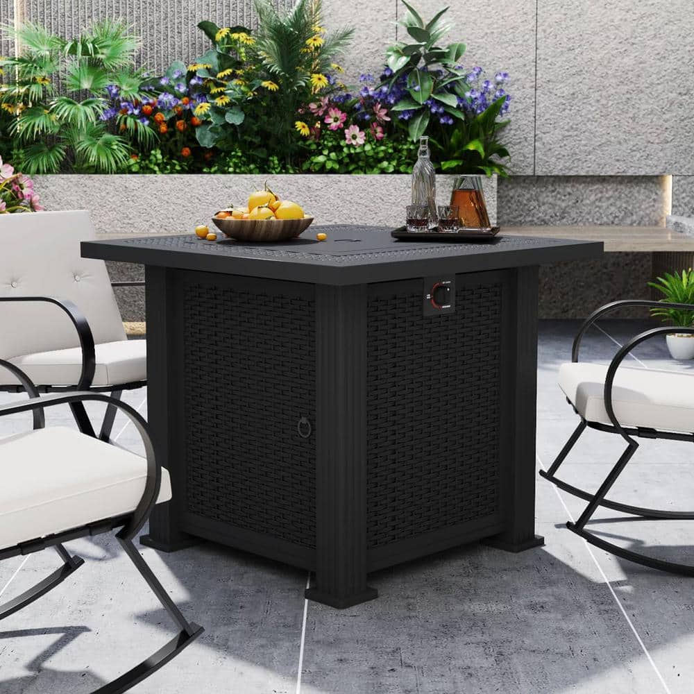 Black 28'' Galvanized Steel and Polyrattan Propane Fire Pit Table