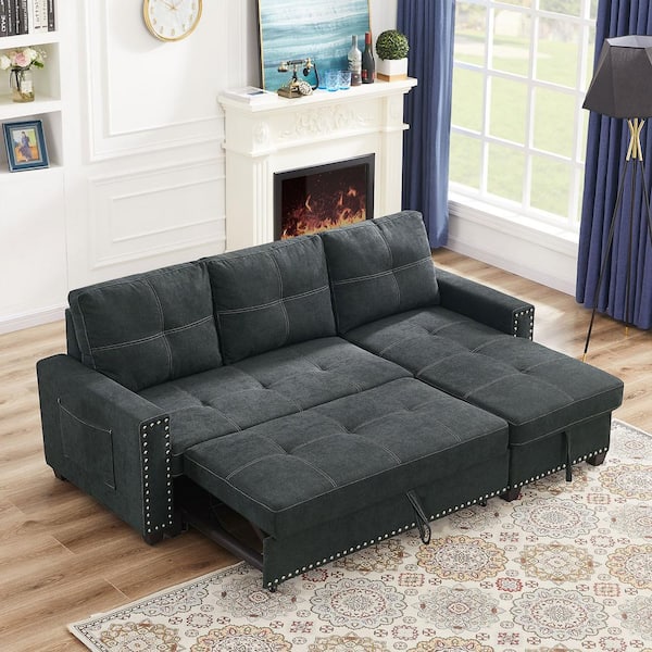 Seafuloy 97.5 in W Square Arm 3-piece L Shaped Linen Sectional Sofa in Black w/Cupholder