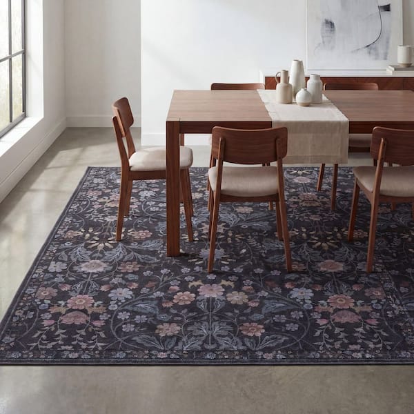 Primrose Art Nouveau Floral Border Machine-Washable Dark Gray/Multi 4 ft. x 6 ft. Area Rug