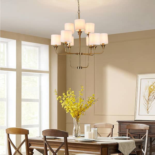Modern 9-Light Gold Branch Chandelier with White Fabric Shade for Kitchen Island