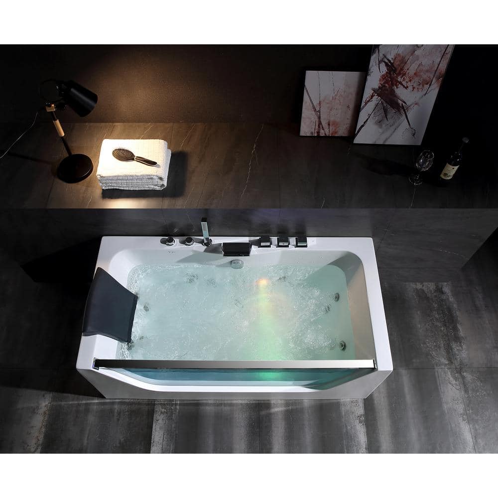 59-Inch White Acrylic Rectangular Whirlpool Bathtub with Jets and Blue Glass Panel