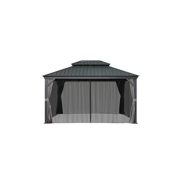 14 ft. x 24 ft. Wood Grain Patio Outdoor Gazebo for Backyard Hardtop Aluminum Frame W/ Hooks, Upgrade Netting 24-Lights