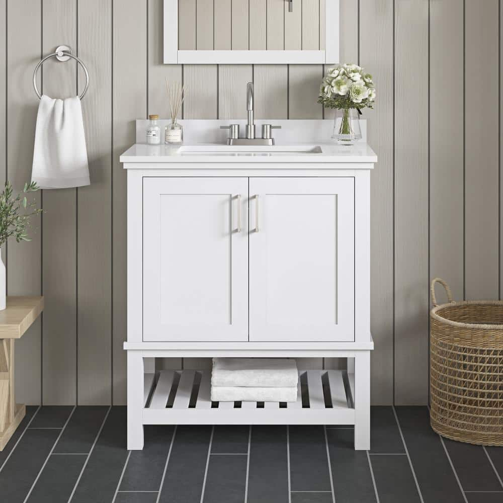 Home Decorators Collection Tupelo 30 in. W x 19 in. D x 34 in. H Single Sink Bath Vanity in White with White Engineered Stone Top