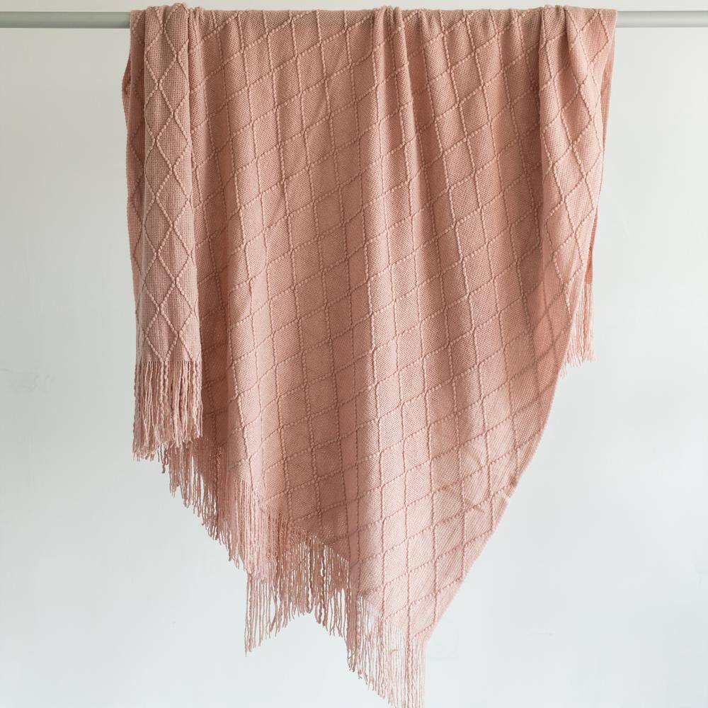 Pink Knitted Throw Blanket Set with Fringed Edges, 50x60 in