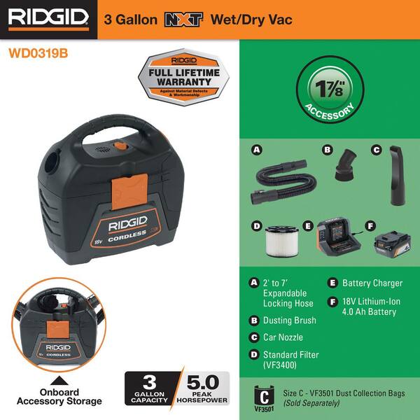  Ridgid 18-volt 3 Gal. Cordless Wet/dry Vacuum (Bare Tool) :  Industrial & Scientific