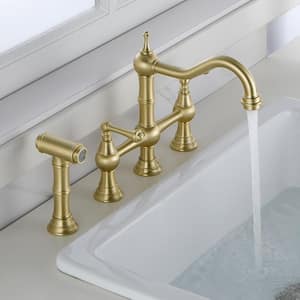Double Handles Gooseneck Bridge Kitchen Faucet with Pull Out Spray Wand in Matte Gold, 27 in. Flexible Hose