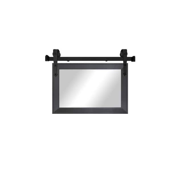 (33 in. W x 26 in. H) Black Steel Modern Rustic Vertical Mirror with Steel Barn Door Rail
