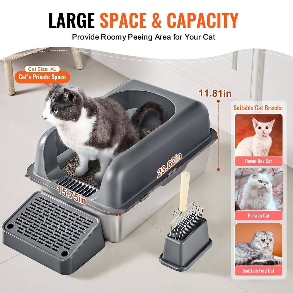 Extra Large Dark Gray Stainless Steel Covered Cat Litter Box with Scoop