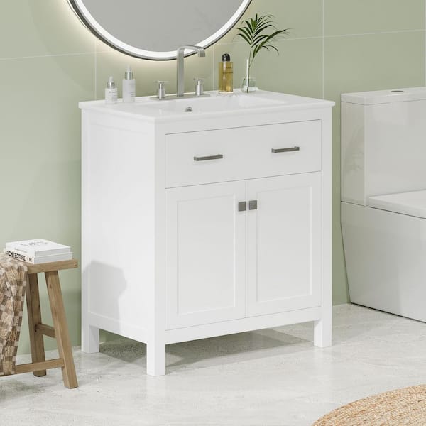 30 in. W x 18.3 in. D x 33.59 in. H Single Sink Freestanding Bath Vanity in White with White Ceramic Top and Storage