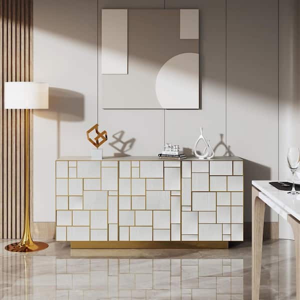 Clihome White 33 in. H 3-Door MDF Accent Cabinet Freestanding Storage Cabinet Sideboard Buffet with Adjustable Shelves