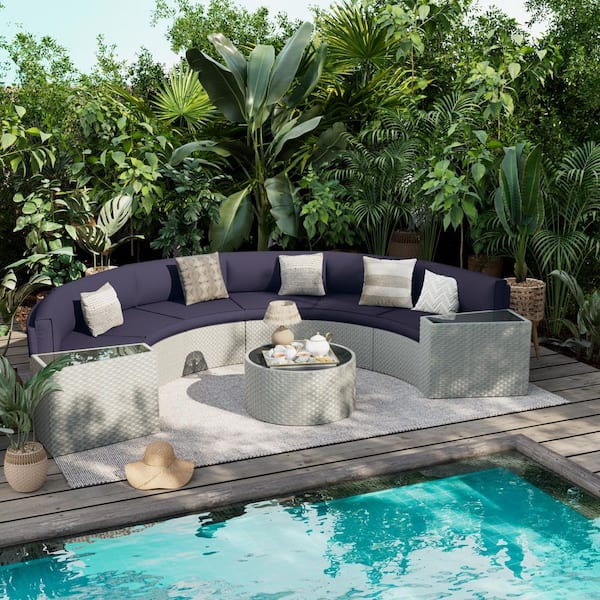 6-Person 9-Piece Fully Assembled Wicker Curved Half-Moon Outdoor Patio Conversation Set with Navy Cushions