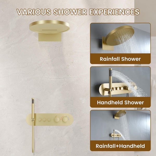 2-Handle 3-Spray 16 in. Shower Faucet and Handheld Shower Head 2.5 GPM with Thermostatic, Anti-Scald in Brushed Gold