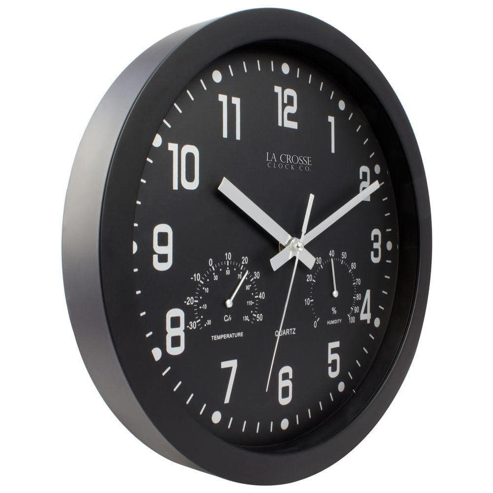 La Crosse 12'' Black Analog Wall Clock with Temperature and Humidity