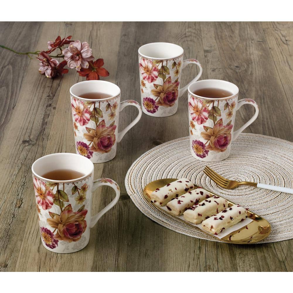 Floral Pink Ceramic Tall Coffee Mugs Set