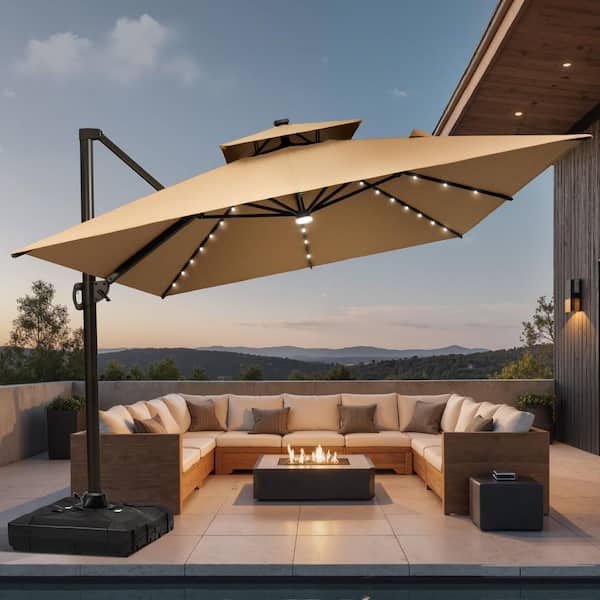 Double Top 11.5 ft. x 9 ft. Aluminum Solar LED Lighted 360° Swivel Patio Cantilever Umbrella in Tan with 350 lbs. Base
