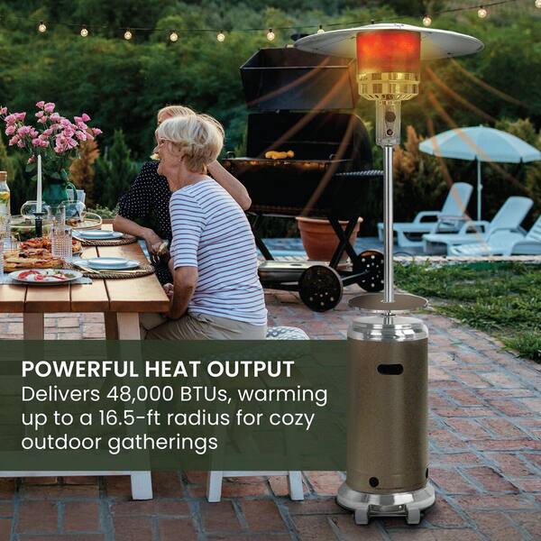 hanover steel umbrella patio heater 7-Ft. 41,000 BTU Propane in Bronze/Stainless Steel Patio, Lawn & Garden Add some style and much needed warmth to your outdoor space with this economic and safe patio heater from SUNHEAT. Hanover 7-Ft. 48,000 BTU Steel