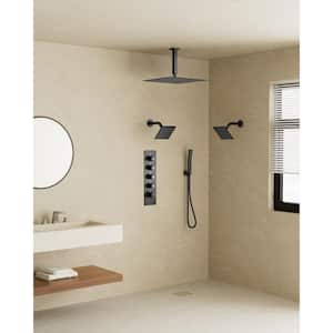 Thermostatic Valve 15-Spray 16 x 6 x 6 in. Ceiling Mount Dual Shower Head and Handheld Shower in Matte Black