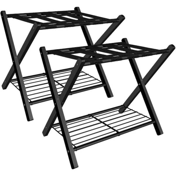 2 Pack Black Folding Luggage Rack with Metal Storage Shelf for Guest Room, Bedroom, Living Room, Hotel Essentials