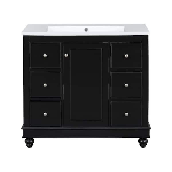 36 in. Single Sink Freestanding Black Bath Vanity with White Resin Top, Removable Divider, Adjustable Shelves