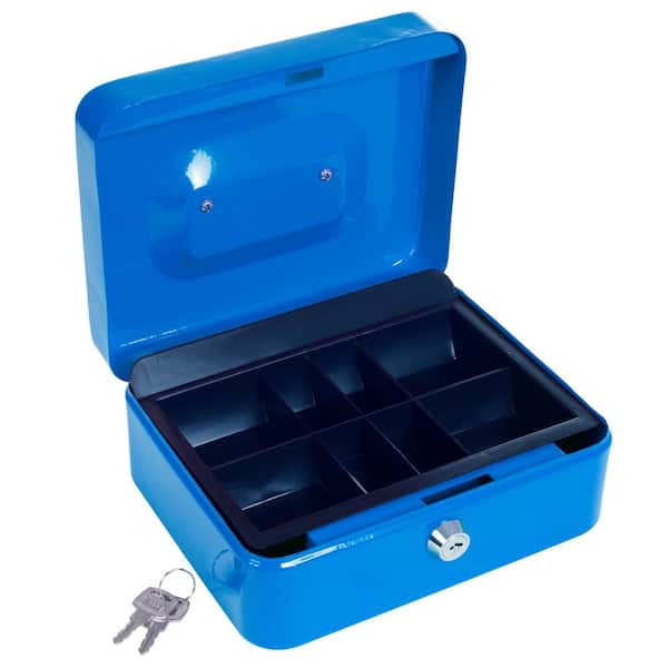 Stalwart 8 in. 8-Compartments Small Part Organizer Key Lock Blue Cash Box with Coin Tray