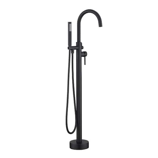 cadeninc Single Handle Freestanding Floor Bathtub Faucet with Handheld Shower Mixer and Swivel in Matte Black