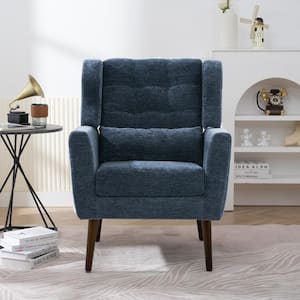 Dark Blue Chenille Fabric Upholstered Accent Chair with Waist Pillow, Wood Legs with Pads