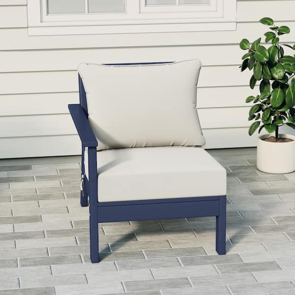 Birchwood Outdoor Patio Deep Seating Left Facing Arm HDPE Lounge Chair in Navy Blue with White Cushions
