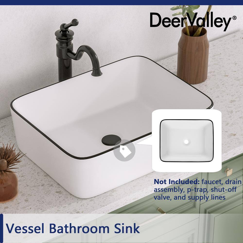 19" White Ceramic Rectangular Vessel Sink with Black Trim