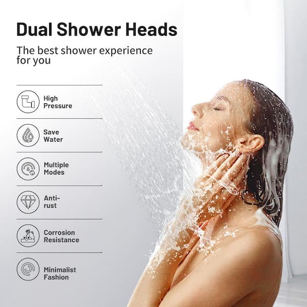 Rainfall Shower Head Combo 6-Spray 12 in. Wall Mount Dual Shower Heads and Handheld Shower Head with 1.8 GPM in Chrome
