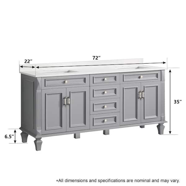 72 in. W x 22 in. D x 35 in. H Solid Wood Double Sink Gray Bath Vanity w/ Carrera White Quartz Top w/ 60 in. LED Mirror
