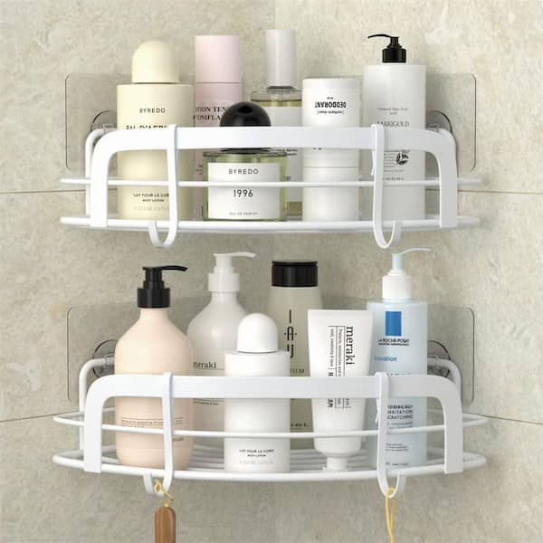 Dracelo Wall Mounted Bathroom Shower Caddies Adhesive Type Coner Storage  Shelves with 3 Movable Hooks in Black 2-Pack B092VH2NDT - The Home Depot