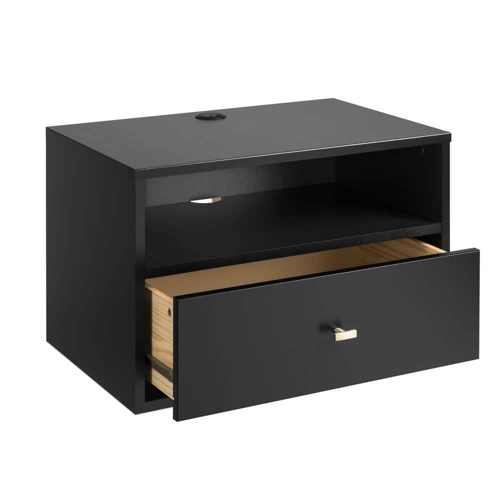 Set of 2 Black Floating Nightstands with Brass Handles