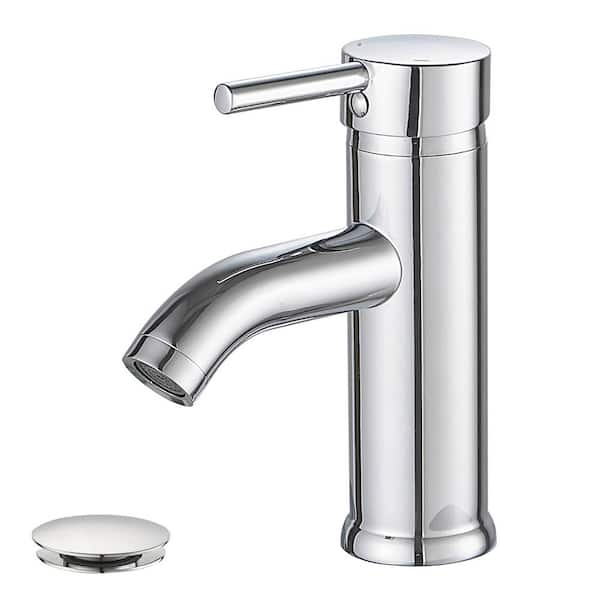 HOMEMYSTIQUE Simple Single-Handle Single-Hole Bathroom Brass Sink Faucet with Pop-Up Drain Assembly Kit Included in Polished Chrome