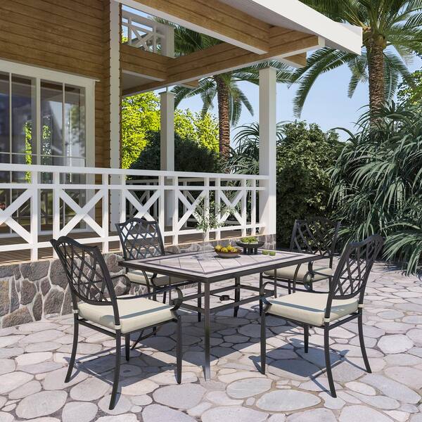 CASAINC 4-Piece Bronze Cast Aluminum Outdoor Arm Dining Chair Patio Bistro Chairs with Beige Cushion