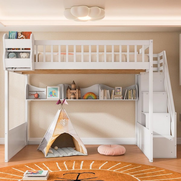 White Queen Wood Loft Bed with Staircase and Wardrobe, Storage Shelves and Under-Bed Space