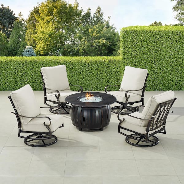 Oakland Living Black Aluminum Fire Table Set with 4-Club Chairs